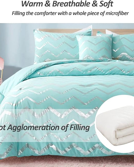 Aqua Comforter Set King Size, Metallic Teal and Silver Bedding Set, 4 Piece Lightweight Microfiber Comforter for Teen Girls Women (2 Pillow Shams + 1 Decorative Pillow Sham) - LeafyLoom