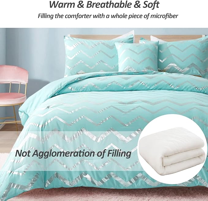 Aqua Comforter Set King Size, Metallic Teal and Silver Bedding Set, 4 Piece Lightweight Microfiber Comforter for Teen Girls Women (2 Pillow Shams + 1 Decorative Pillow Sham) - LeafyLoom
