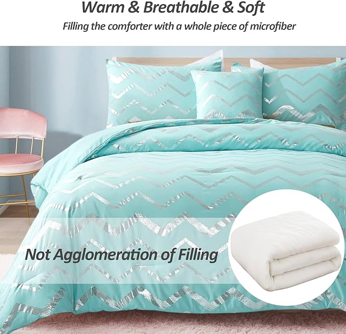 Aqua Comforter Set Queen Size Metallic Teal and Silver Bedding Set, 4 Piece Lightweight Microfiber Bed Set for Teen Girls Women (2 Pillow Shams + 1 Decorative Pillow Sham) - LeafyLoom