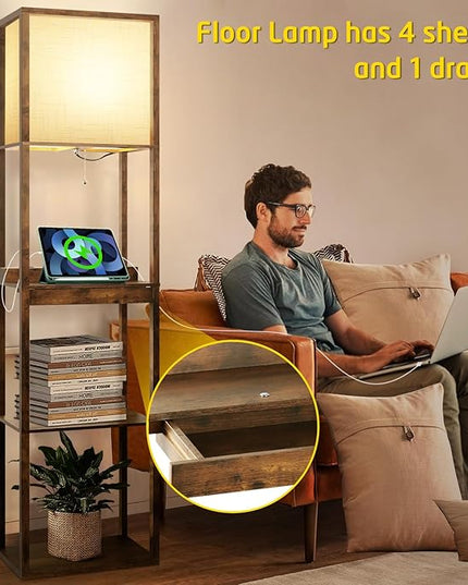 Floor Lamp with Shelves Plus, 4-Tier Wireless Charger Floor Lamp for Living Room Bedroom, USB and Type C Charging Ports 2 AC Power Outlets, 3CCT Color Selectable 15W Bulb(Brown). - LeafyLoom