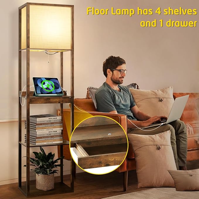 Floor Lamp with Shelves Plus, 4-Tier Wireless Charger Floor Lamp for Living Room Bedroom, USB and Type C Charging Ports 2 AC Power Outlets, 3CCT Color Selectable 15W Bulb(Brown). - LeafyLoom