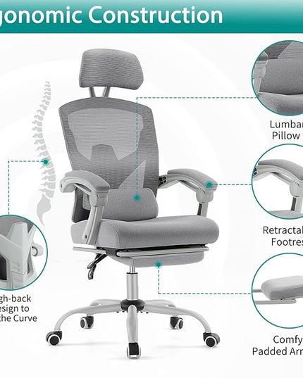 MCQ Office Computer Desk Chair, Gaming Chairs for Adults, High-Back Mesh Rolling Swivel Reclining Chairs with Wheels, Comfortable Lumbar Support, Comfy Arms for Home, Office, Gaming, Student, Grey - LeafyLoom