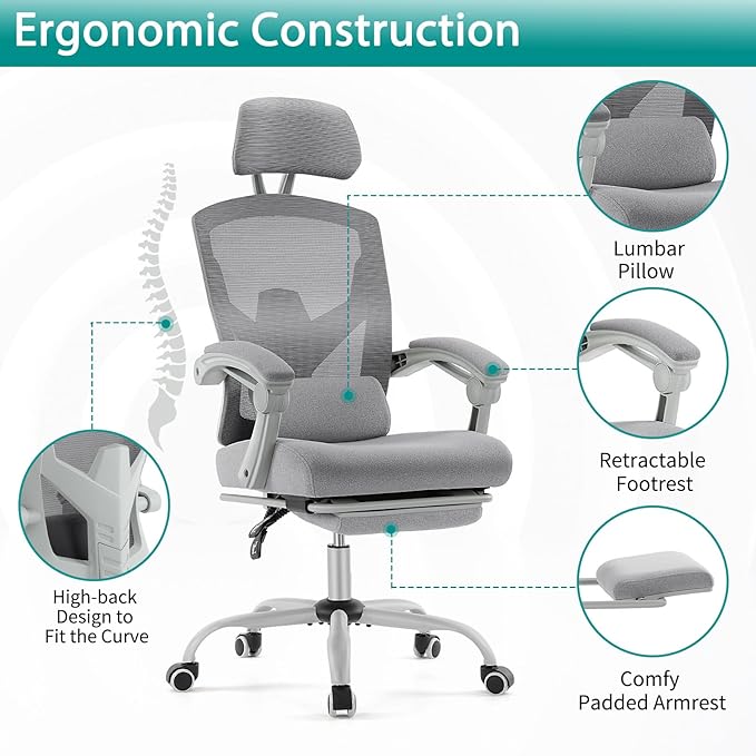 MCQ Office Computer Desk Chair, Gaming Chairs for Adults, High-Back Mesh Rolling Swivel Reclining Chairs with Wheels, Comfortable Lumbar Support, Comfy Arms for Home, Office, Gaming, Student, Grey - LeafyLoom
