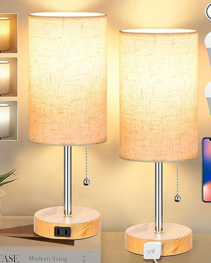 Set of 2 Table Lamps for Bedroom, 2700K/4000K/5000K Bedside Lamp Nightstand Lamp with Pull Chain and AC Outlet, Table Lamp for Living Room Reading Kids Room Wood Grain (8W LED Bulbs Included). - LeafyLoom