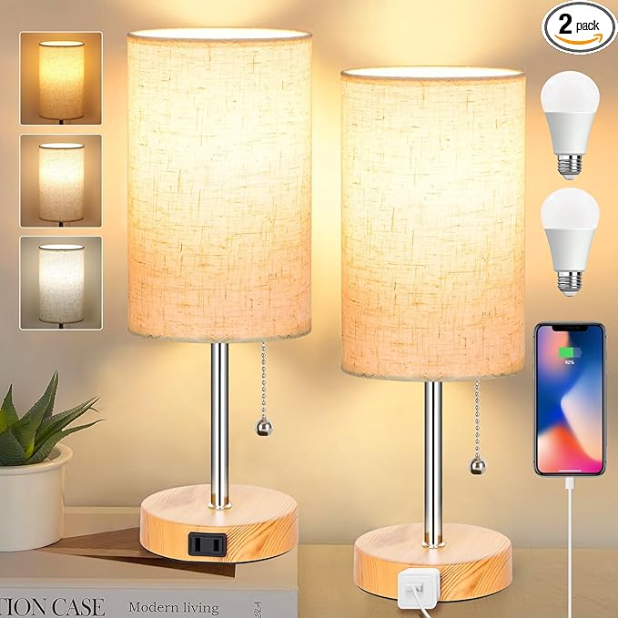 Set of 2 Table Lamps for Bedroom, 2700K/4000K/5000K Bedside Lamp Nightstand Lamp with Pull Chain and AC Outlet, Table Lamp for Living Room Reading Kids Room Wood Grain (8W LED Bulbs Included). - LeafyLoom