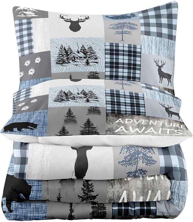 LUVIVIHOME 3PCS Rustic Cabin Comforter Set Queen Size, Black Bear Deer Elk Moose Woodland Forest Animals Wildlife Hunting Lodge Blue Plaid Country Farmhouse Bedding, Patchwork Quilt, 2 Pillow Shams - LeafyLoom