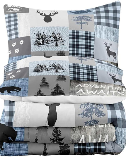 LUVIVIHOME 3PCS Rustic Cabin Comforter Set Full Size, Black Bear Deer Elk Moose Woodland Forest Animals Wildlife Hunting Lodge Blue Plaid Country Farmhouse Bedding, Patchwork Quilt, 2 Pillow Shams - LeafyLoom