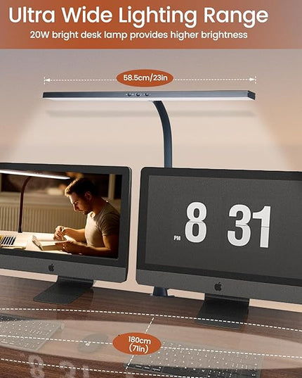 LED Desk Lamp with Clamp, 23" Wide Desk Light for Home Office, 20W Brightest, 2000LM, 3 Color Modes & Dimmable Brightness with Touch Control, Tall Flexible Light for Monitor Studio Reading - LeafyLoom