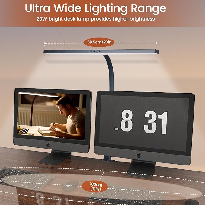 LED Desk Lamp with Clamp, 23" Wide Desk Light for Home Office, 20W Brightest, 2000LM, 3 Color Modes & Dimmable Brightness with Touch Control, Tall Flexible Light for Monitor Studio Reading - LeafyLoom