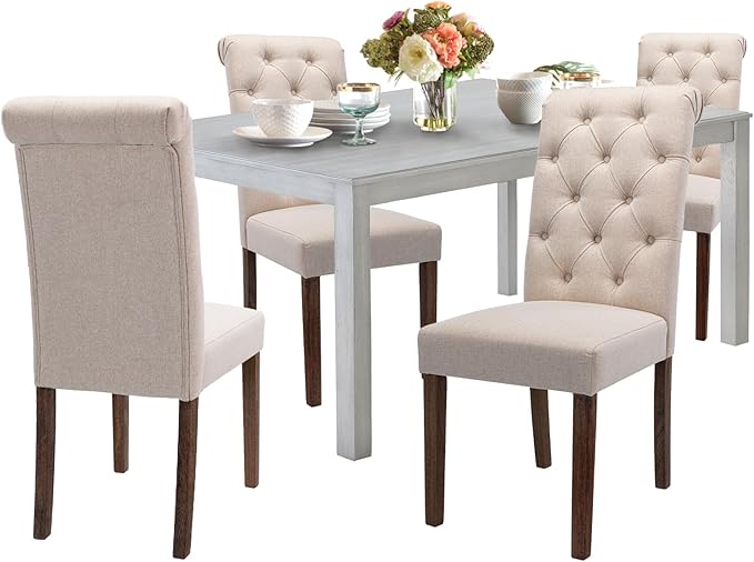 COLAMY 5-Piece Dining Table Set for 4, 60" Kitchen Wood Table with 4 Tufted Dining Room Chairs, White/Beige - LeafyLoom