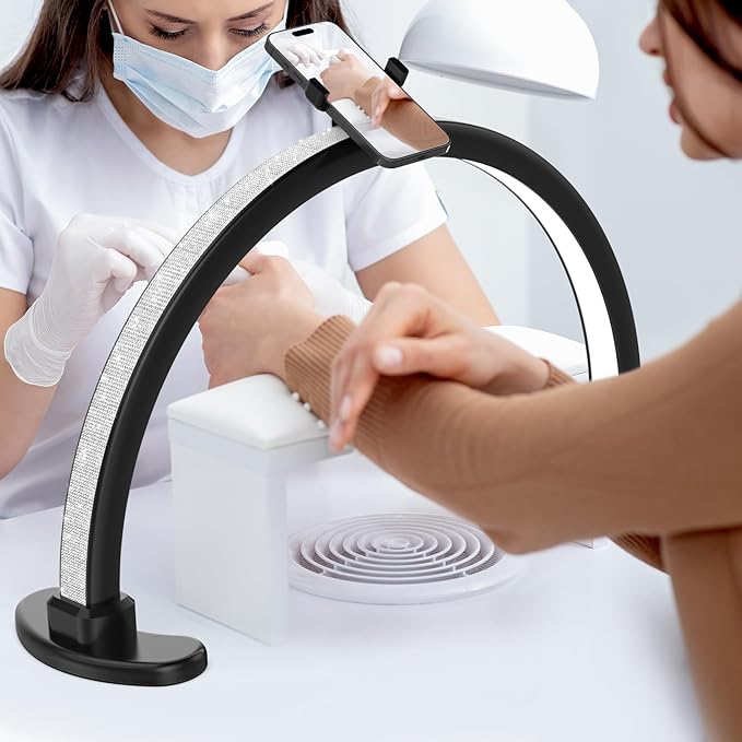 Large Super Bright Half Moon LED Light for Table Nail Desk, Professional Nail Lamp for Desk for Nail Techs with Phone Stand Perfect for Nails Tech Manicure - 45W (Black) - LeafyLoom