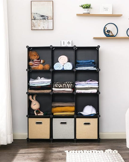 ANWBROAD Cube Storage Organizer 12-Cube DIY Closet Storage Cabinet Book Shelf Kids Organizers and Storage for Bedroom Closet Organizer Cubby Shelving Plastic Office Living Room Black ULCS012B - LeafyLoom