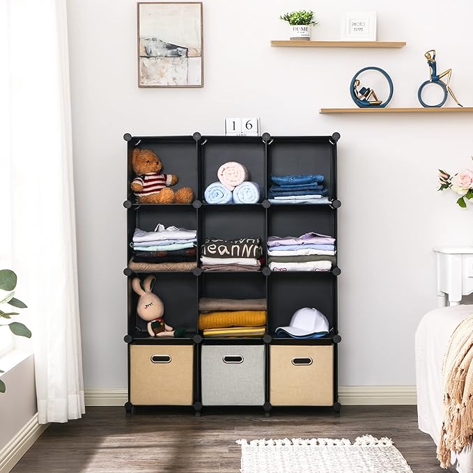 ANWBROAD Cube Storage Organizer 12-Cube DIY Closet Storage Cabinet Book Shelf Kids Organizers and Storage for Bedroom Closet Organizer Cubby Shelving Plastic Office Living Room Black ULCS012B - LeafyLoom