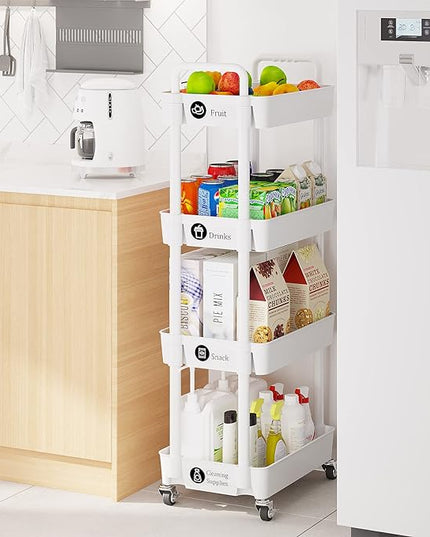 4-Tier Storage Cart,Multifunction Utility Rolling Cart Kitchen Storage Organizer,Mobile Shelving Unit Cart with Lockable Wheels for Bathroom,Laundry,Living Room,With Classified Stickers,White - LeafyLoom