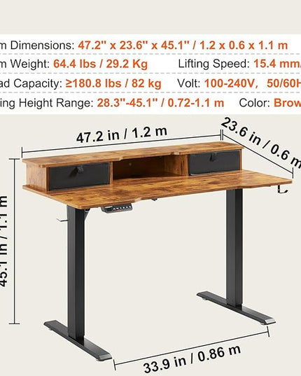 VEVOR Standing Desk with Shelves 47.2 x 23.6 Inch Height Adjustable Desk Dual Monitor Riser Workstation Adjustable Desk 3-Key Modes Sturdy Dual Metal Frame 180LBS Capacity for Home Office - LeafyLoom