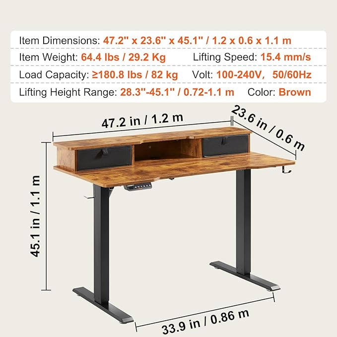 VEVOR Standing Desk with Shelves 47.2 x 23.6 Inch Height Adjustable Desk Dual Monitor Riser Workstation Adjustable Desk 3-Key Modes Sturdy Dual Metal Frame 180LBS Capacity for Home Office - LeafyLoom