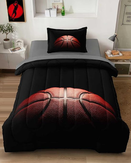 Teenage Boy Bedding Sets Twin 4 Pieces Basketball Comforter Set for Boys Twin Size Bed in a Bag Set, Basketball Bedding Twin, Red Black - LeafyLoom