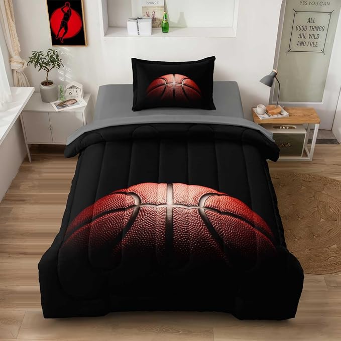 Teenage Boy Bedding Sets Twin 4 Pieces Basketball Comforter Set for Boys Twin Size Bed in a Bag Set, Basketball Bedding Twin, Red Black - LeafyLoom