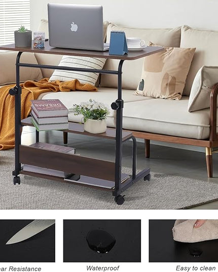 Portable Desk Small Desks for Small Spaces Laptop Table Brown Rolling Adjustable Desk on Wheels Mobile Couch Desk for Bedroom Home Office Computer Standing Desk Student Desk with Storage 32x16 Inch - LeafyLoom