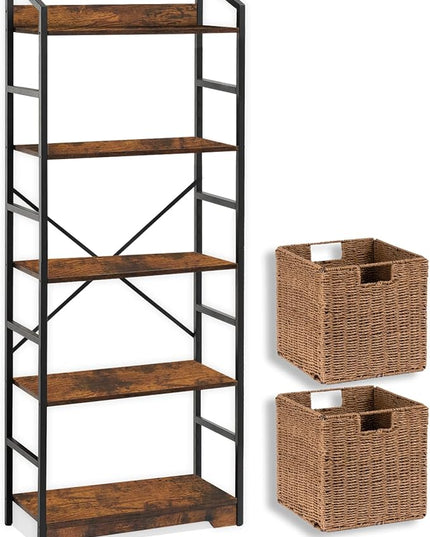 Vagusicc 5 Tier Bookshelf with 2 Storage Baskets, Tall Bookcase Shelf Storage Organizer Wood Book Shelf, Modern Shelf Rack Shelves with Steel Frame, Multipurpose Bookshelf for Bedroom Living Room - LeafyLoom