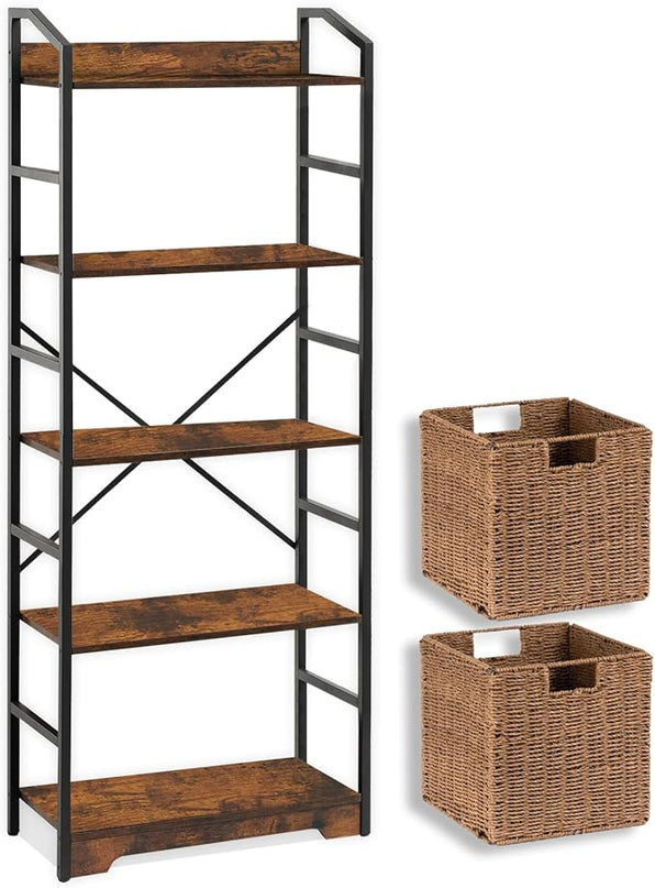 Vagusicc 5 Tier Bookshelf with 2 Storage Baskets, Tall Bookcase Shelf Storage Organizer Wood Book Shelf, Modern Shelf Rack Shelves with Steel Frame, Multipurpose Bookshelf for Bedroom Living Room - LeafyLoom