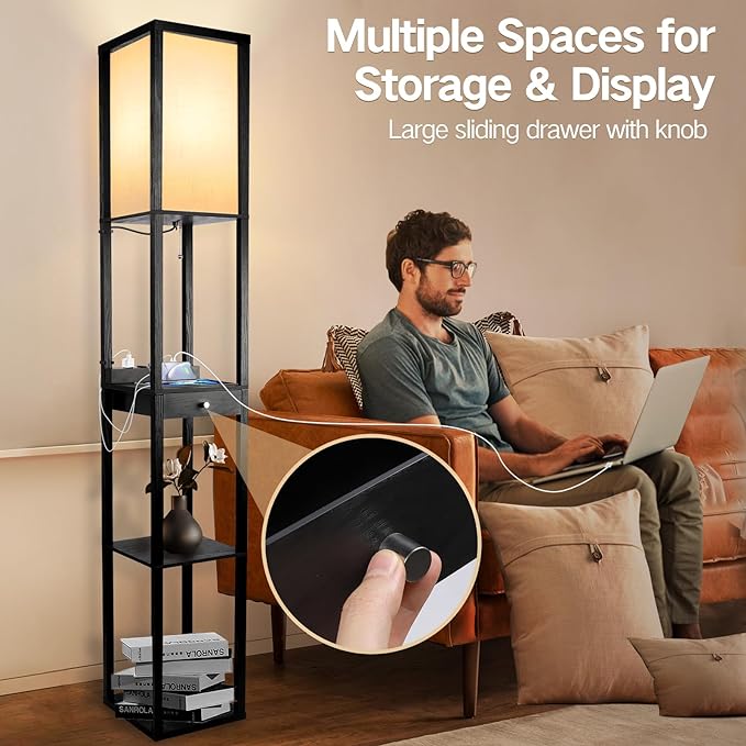 OUTON Floor Lamp with Shelves, 1 Drawer, 2 USB-C Ports, 2 AC Outlets, LED Modern Floor Lamp with 3 Color Temperature, Storage Display Wood Standing Lamp for Living Room, Bedroom, Office (Black) - LeafyLoom