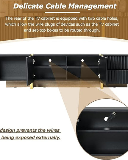Merax Luxury Fluted TV Stand for Televisions Up to 80'', Modern Entertainment Center with Storage Cabinets & Drawers and Golden Wood Grain Legs, Smooth Media Console, for Living Room, Black - LeafyLoom