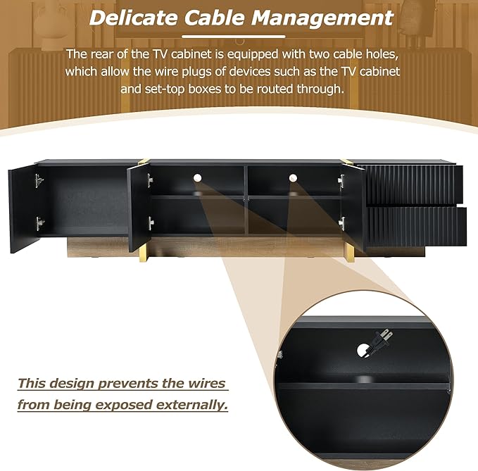 Merax Luxury Fluted TV Stand for Televisions Up to 80'', Modern Entertainment Center with Storage Cabinets & Drawers and Golden Wood Grain Legs, Smooth Media Console, for Living Room, Black - LeafyLoom