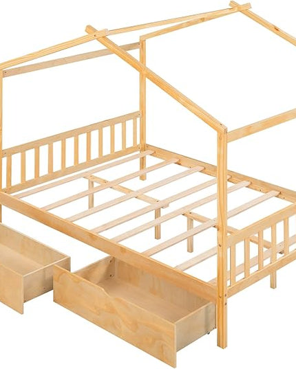 Full Bed Frame with Headboard and Footboard, Low House Bed/Full Bed Frame with Storage Drawer, Wood Bed Frame for Kids, Girls, Boys, Teens, Full Bed Frame Natural - LeafyLoom