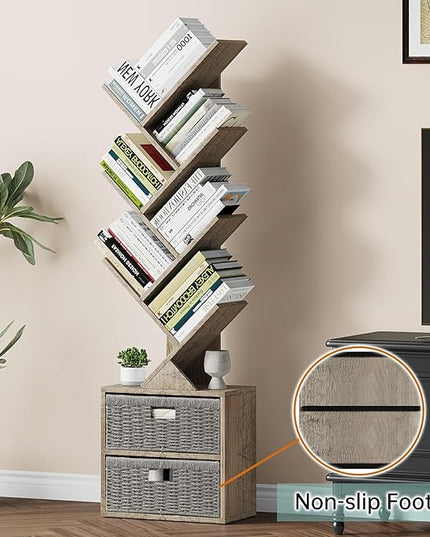 Vagusicc 6 Tier Tree Bookshelf, Modern Floor Standing Bookcase with Storage Drawer, Space Saving Storage Organizer Book Shelves for Books, Tall Wood Storage Rack for Bedroom/Living Room/Home Office - LeafyLoom