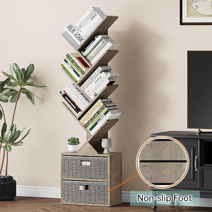 Vagusicc 6 Tier Tree Bookshelf, Modern Floor Standing Bookcase with Storage Drawer, Space Saving Storage Organizer Book Shelves for Books, Tall Wood Storage Rack for Bedroom/Living Room/Home Office - LeafyLoom