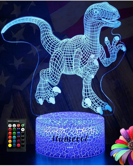 Dinosaur Night Lights for Kids Christmas Gift for Boys Birthday Dino Toy Raptor 3D Illusion Lamp Remote Control 16 Color Change - LeafyLoom