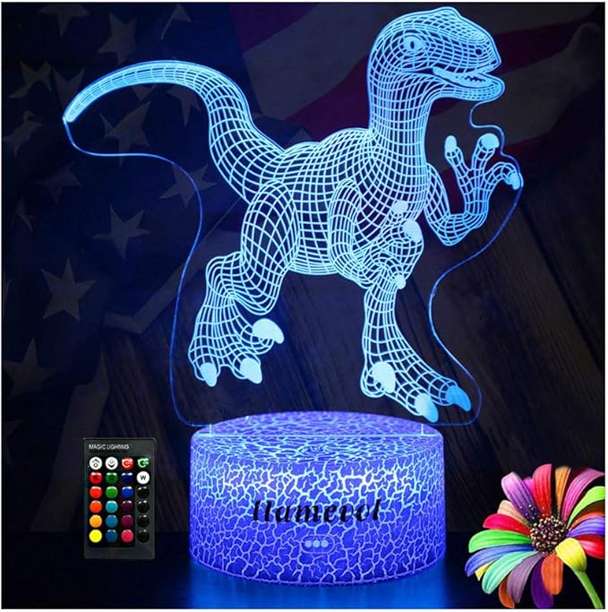 Dinosaur Night Lights for Kids Christmas Gift for Boys Birthday Dino Toy Raptor 3D Illusion Lamp Remote Control 16 Color Change - LeafyLoom