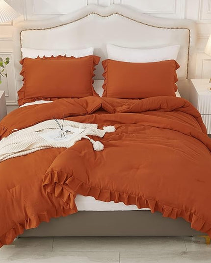 Andency California King Comforter Set Burnt Orange (104x96Inch), 3 Pieces Cal King Ruffle Comforter, Oversized Farmhouse Shabby Chic Bed Comforter, Lighteweight and Soft Microfiber Bedding Set - LeafyLoom