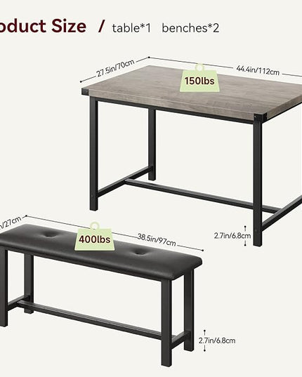 GAOMON Dining Table Set for 4, Kitchen Table with Benches, Rectangular Dining Room Table Set with 2 Upholstered Benches, 3 Piece Kitchen Table Set for Small Space, Apartment, Studio, Retro Grey - LeafyLoom