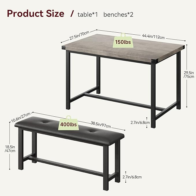 GAOMON Dining Table Set for 4, Kitchen Table with Benches, Rectangular Dining Room Table Set with 2 Upholstered Benches, 3 Piece Kitchen Table Set for Small Space, Apartment, Studio, Retro Grey - LeafyLoom