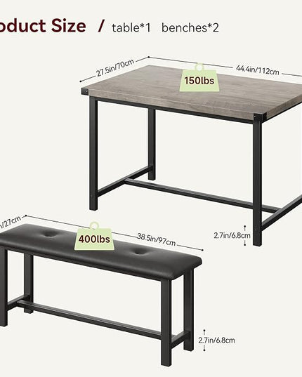 Kitchen Table with Benches, Dining Table Set for 4, Rectangular Dining Room Table Set with 2 Upholstered Benches, 3 Piece Kitchen Table Set for Small Space, Apartment, Studio, Retro Gray - LeafyLoom