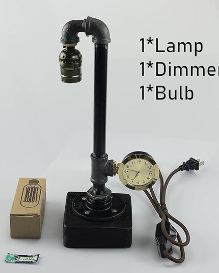 Steampunk Lamp with Dimmer, Dimmable Loft Style Industrial Vintage Antique Style Light with Bulb, Wood Base with Iron Piping Desk Lamp, Retro Desk Lamp LL-035 - LeafyLoom