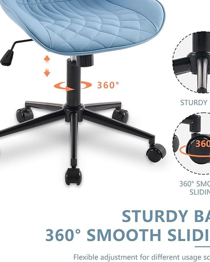 YOUNIKE Desk Chair with Wheels Armless Office Chair Swivel Rolling Task Chair with Back Upholstered Faux Leather Computer Chair Height Adjustable Modern Ergonomic Seat, Loads 300 lbs, Blue - LeafyLoom