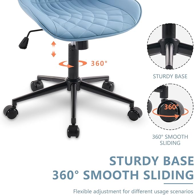 YOUNIKE Desk Chair with Wheels Armless Office Chair Swivel Rolling Task Chair with Back Upholstered Faux Leather Computer Chair Height Adjustable Modern Ergonomic Seat, Loads 300 lbs, Blue - LeafyLoom