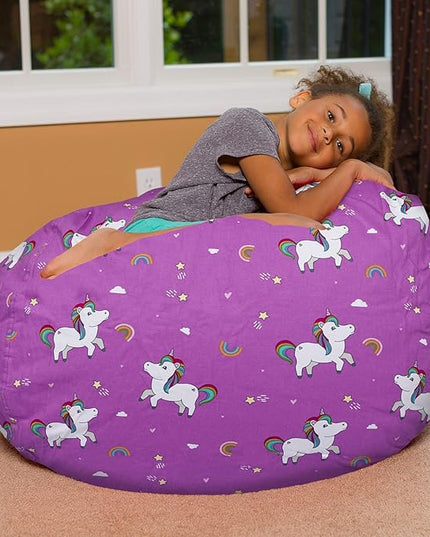 Posh Creations Bean Bag Chair for Kids, Teens, and Adults Includes Removable and Machine Washable Cover, 38in - Large, Canvas Unicorn and Rainbows on Purple - LeafyLoom