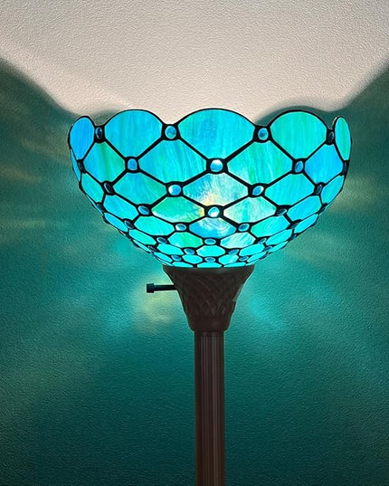 Capulina Tiffany Torchiere Floor Lamp 69 Inches Tall Industrial Pole Seagrass Blue Beads Style Stained Glass Standing Light for Home Office Living Room Bedroom - LeafyLoom