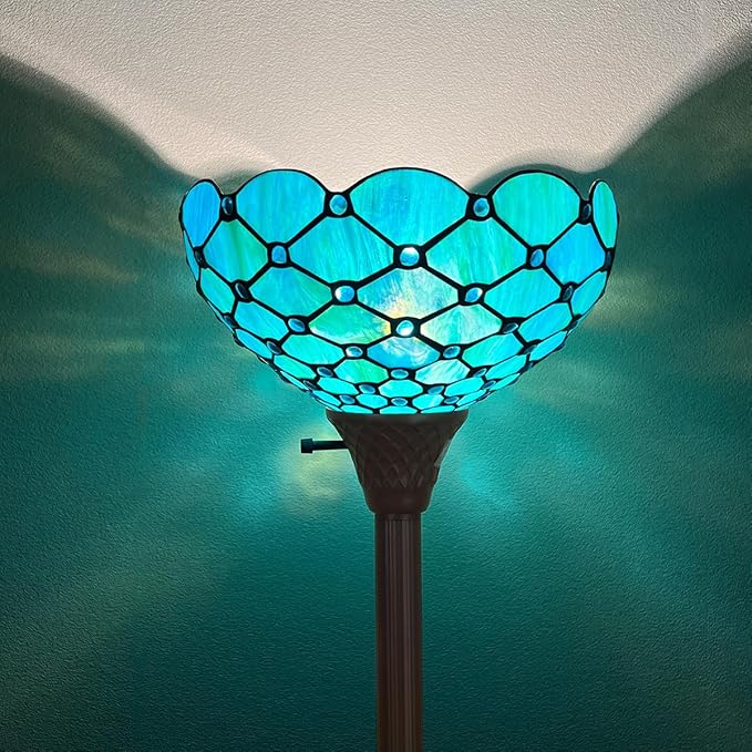 Capulina Tiffany Torchiere Floor Lamp 69 Inches Tall Industrial Pole Seagrass Blue Beads Style Stained Glass Standing Light for Home Office Living Room Bedroom - LeafyLoom
