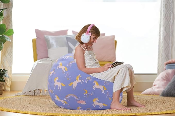 Aubliss Stuffed Animal Bean Bag Storage Chair (Light Blue Unicorn, Medium (32'')) - LeafyLoom