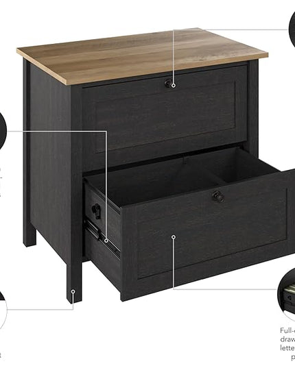 Bush Furniture Mayfield 2 Drawer Lateral File Cabinet in Vintage Black and Reclaimed Pine | Storage for Home Office Workspace - LeafyLoom