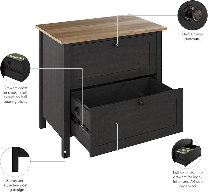 Bush Furniture Mayfield 2 Drawer Lateral File Cabinet in Vintage Black and Reclaimed Pine | Storage for Home Office Workspace - LeafyLoom