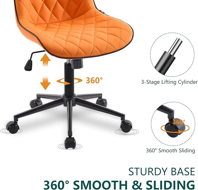 YOUNUOKE Office Chair Desk Chair with Wheels, Thick Upholstery Armless Computer Chair, Small Cute Office Chair Faux Leather Swivel Desk Chairs, Bedroom Side Chair Task Chairs, Orange - LeafyLoom