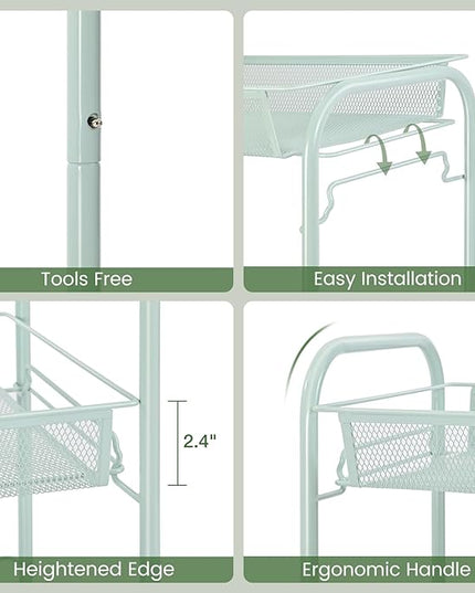 TOOLF 3-Tier Metal Rolling Cart, Mesh Wire Easy Assemble Utility Cart, Storage Trolley on Wheels with 3 Hooks, MetalStorage Shelving Units for Kitchen Bathroom Laundry Room - LeafyLoom