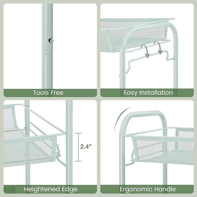 TOOLF 3-Tier Metal Rolling Cart, Mesh Wire Easy Assemble Utility Cart, Storage Trolley on Wheels with 3 Hooks, MetalStorage Shelving Units for Kitchen Bathroom Laundry Room - LeafyLoom