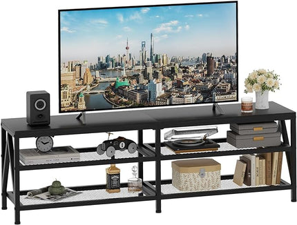 TV Stand for TV up to 70 Inch, Long 63" TV Cabinet with 3-Tier Storage Shelves,Entertainment Center TV Console Table for Living Room with Industrial TV Metal Frame, Black Oak - LeafyLoom